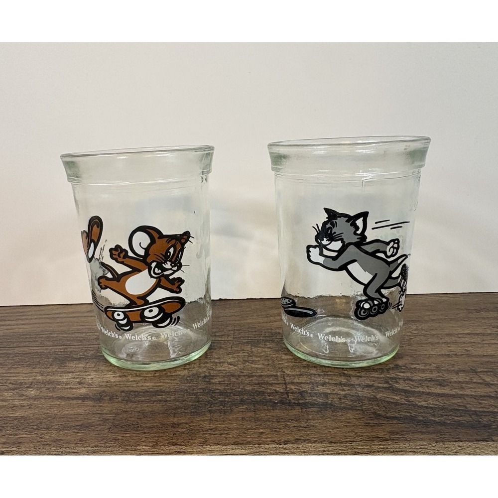 Vintage Welch's Jelly Jar Glasses Tom & Jerry Skateboard Roller Skates